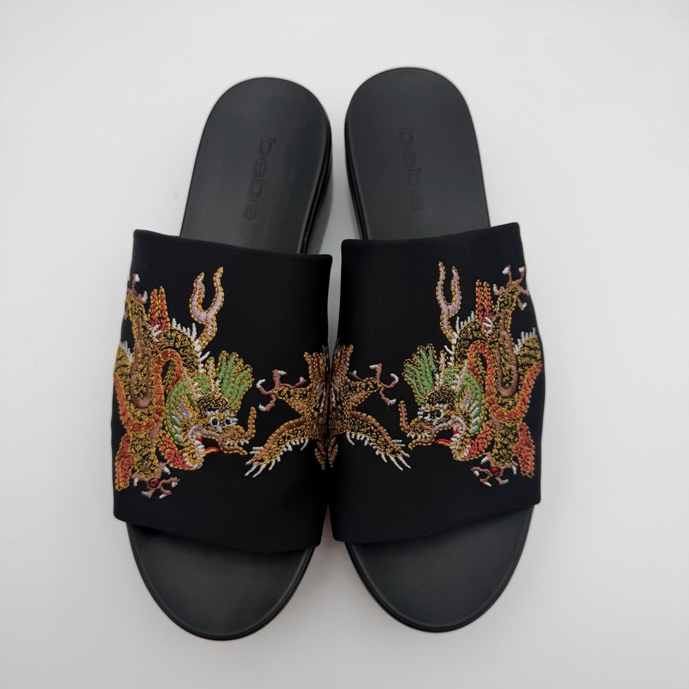 Y2K Bebe Embroidered Dragon Satin Platform Slides Sandals 2000s Rave Size 8-8.5